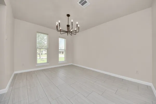 a view of a chandelier in a room