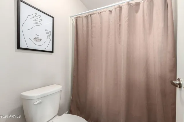 a white toilet sitting next to a shower curtain