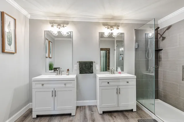 a bathroom with a sink mirror and a shower