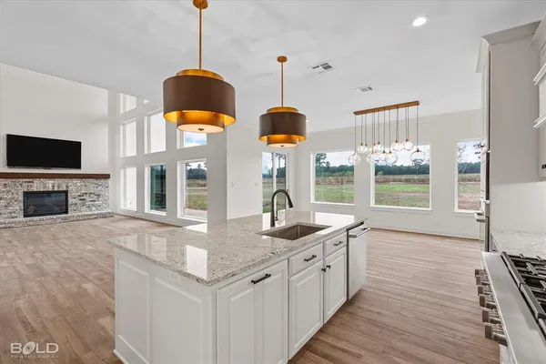 a kitchen with stainless steel appliances granite countertop a stove a sink and a wooden floors