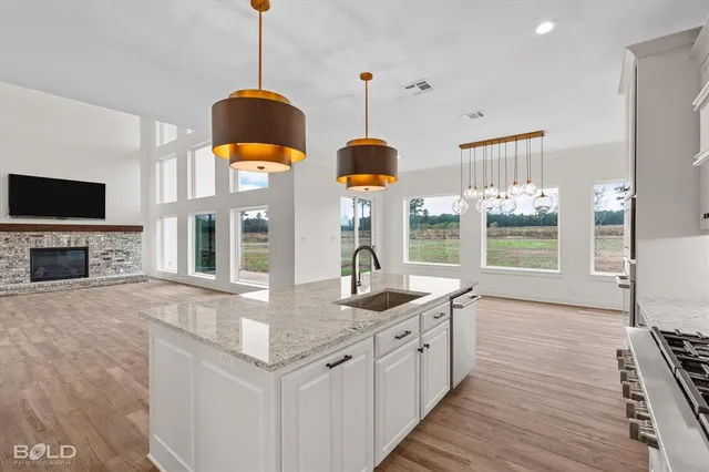 a kitchen with stainless steel appliances granite countertop a stove a sink and a wooden floors