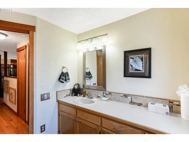 a bathroom with a double vanity sink and a mirror