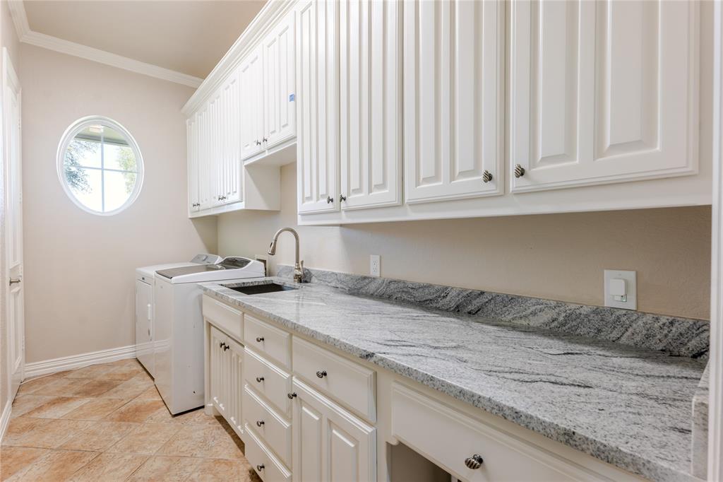 166 East Rio Ridge Azle, TX 76020 - Photo 35 of 40 a kitchen with granite countertop white cabinets and stainless steel appliances