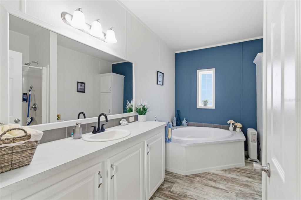 12441 Hexam Road Weeki Wachee, FL 34614 - Photo 26 of 46 a bathroom with a double vanity sink a mirror and a bathtub