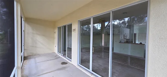 a bathroom with glass door