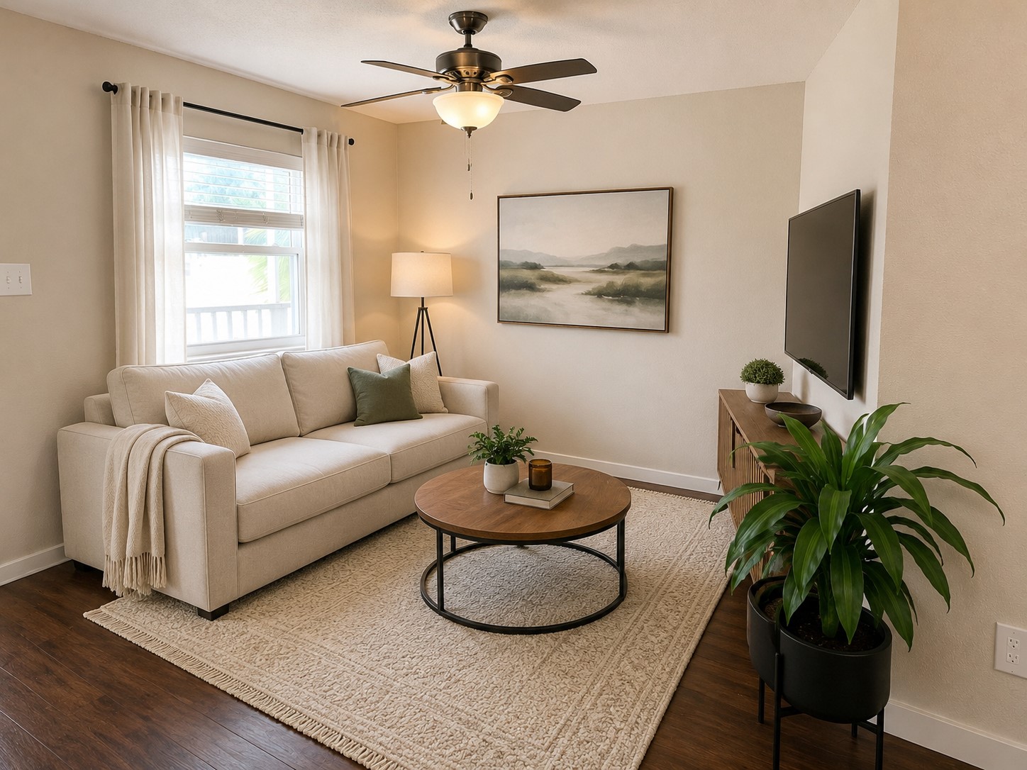 a living room with furniture potted plant and a window