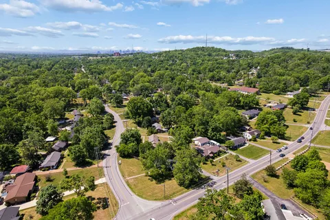 an aerial view of residential houses with outdoor space and trees