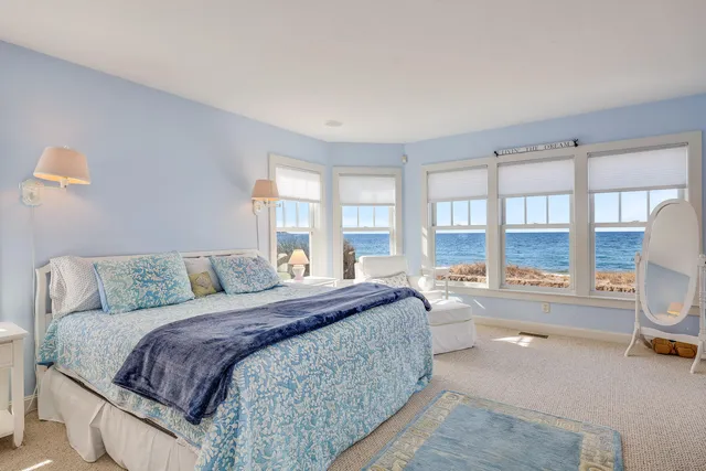 a spacious bedroom with a large bed and a large window