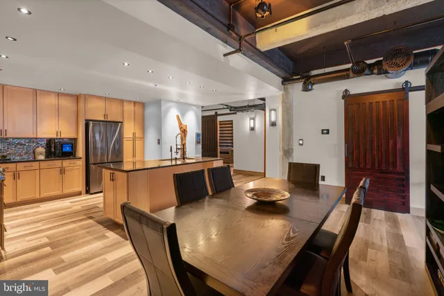 a view of a dining room with furniture