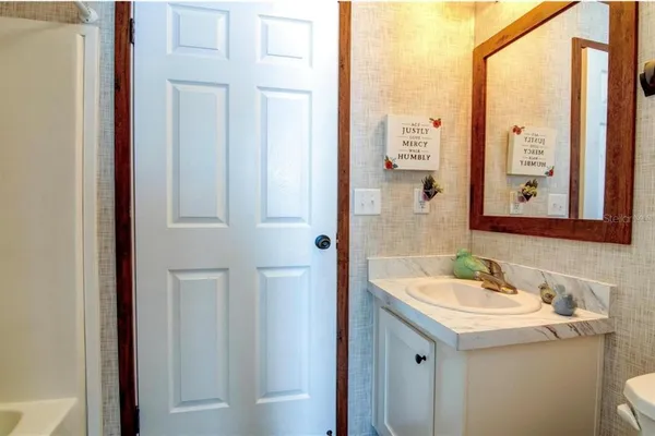 a bathroom with a sink and a mirror