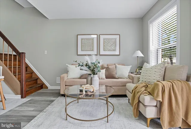 a living room with furniture potted plant and a window