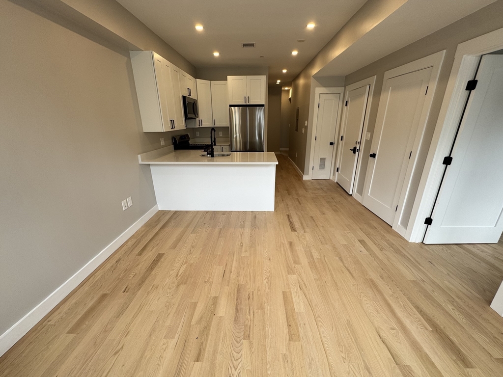 272 East Cottage Street, Unit 1 Boston, MA 02125 - Photo 2 of 10 a view of a kitchen with kitchen island a sink wooden floor and stainless steel appliances