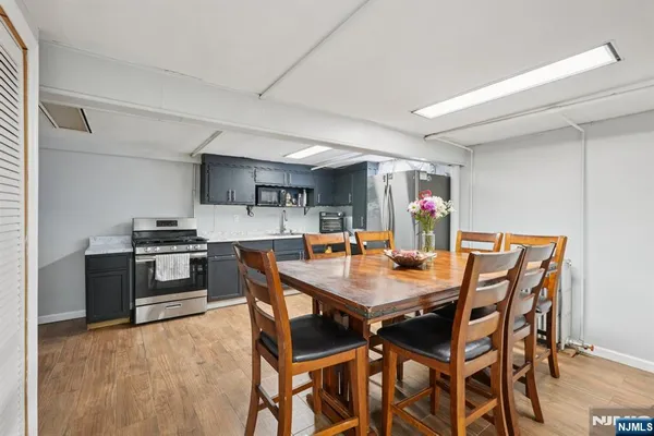 a view of a dining room with furniture
