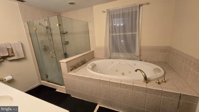 a bathroom with a tub a sink and a shower
