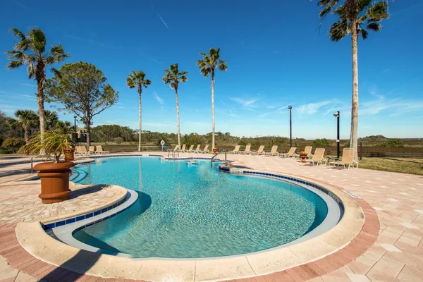 a view of a swimming pool with a yard
