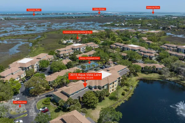 an aerial view of residential houses with outdoor space and swimming pool