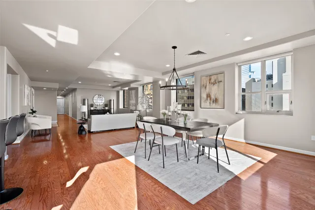 a view of a dining room with furniture