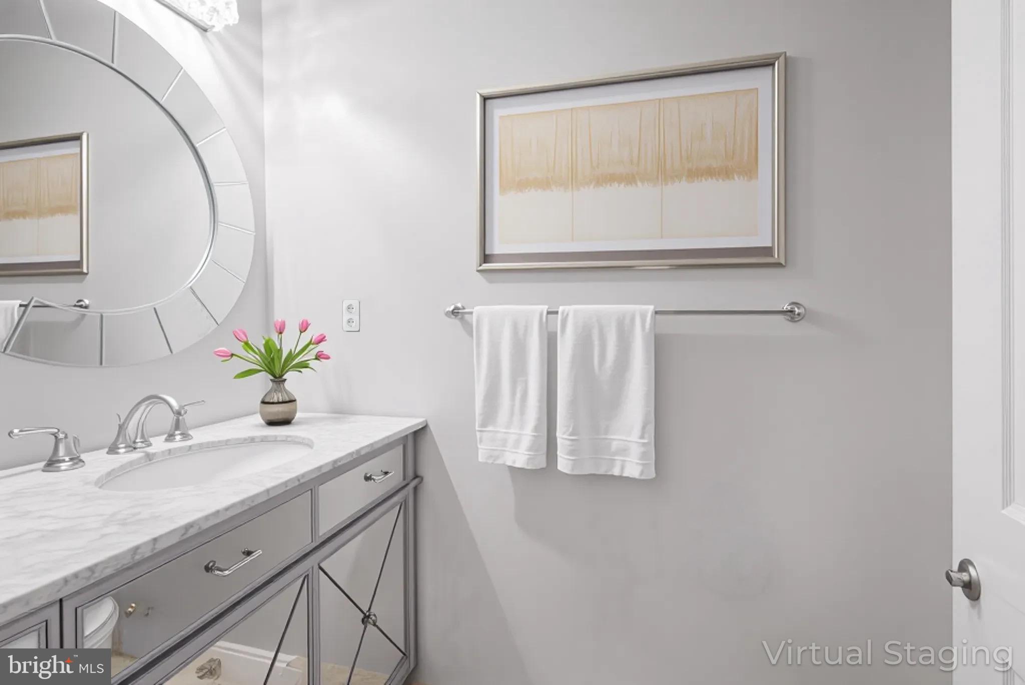 3004 South Glebe Road Arlington, VA 22206 - Photo 3 of 21 a bathroom with a granite countertop sink a mirror and a window