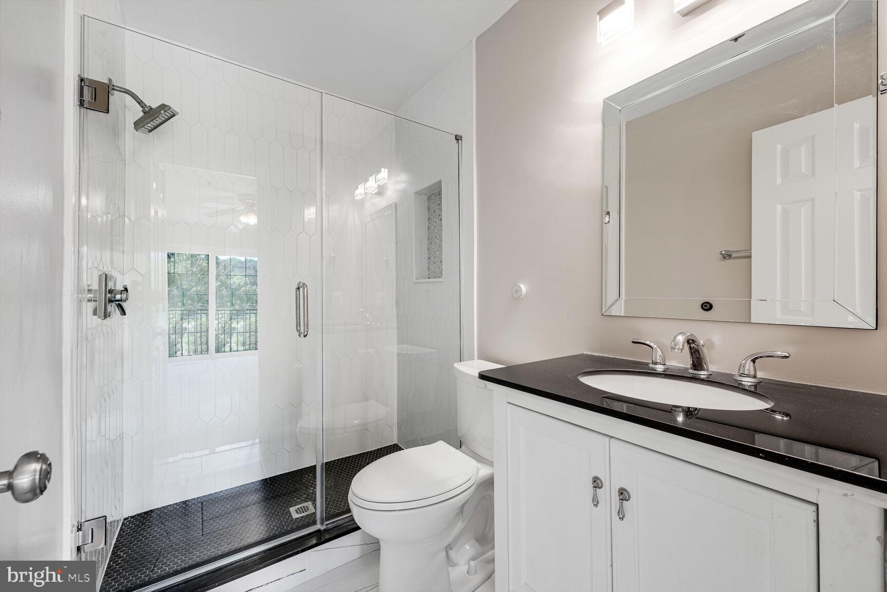 3004 South Glebe Road Arlington, VA 22206 - Photo 5 of 21 a bathroom with a granite countertop sink a toilet a mirror and shower