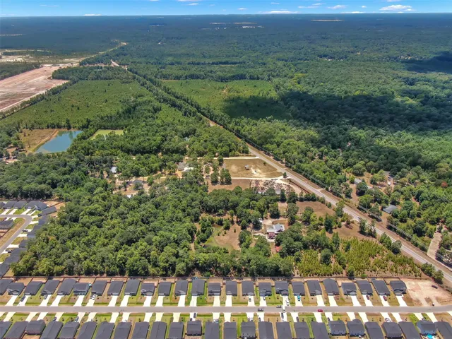 a view of a city with lush green forest