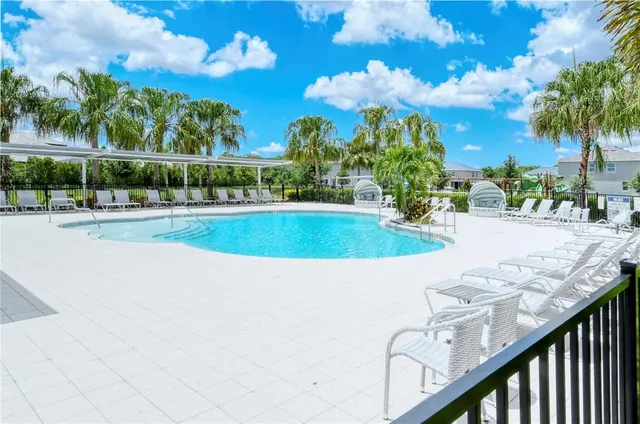 a view of a swimming pool with a yard