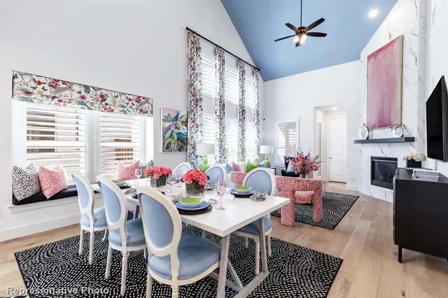 a view of a dining room with furniture