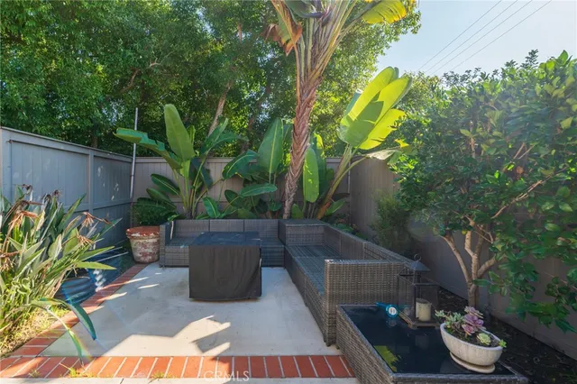 a view of a backyard with plants and a patio