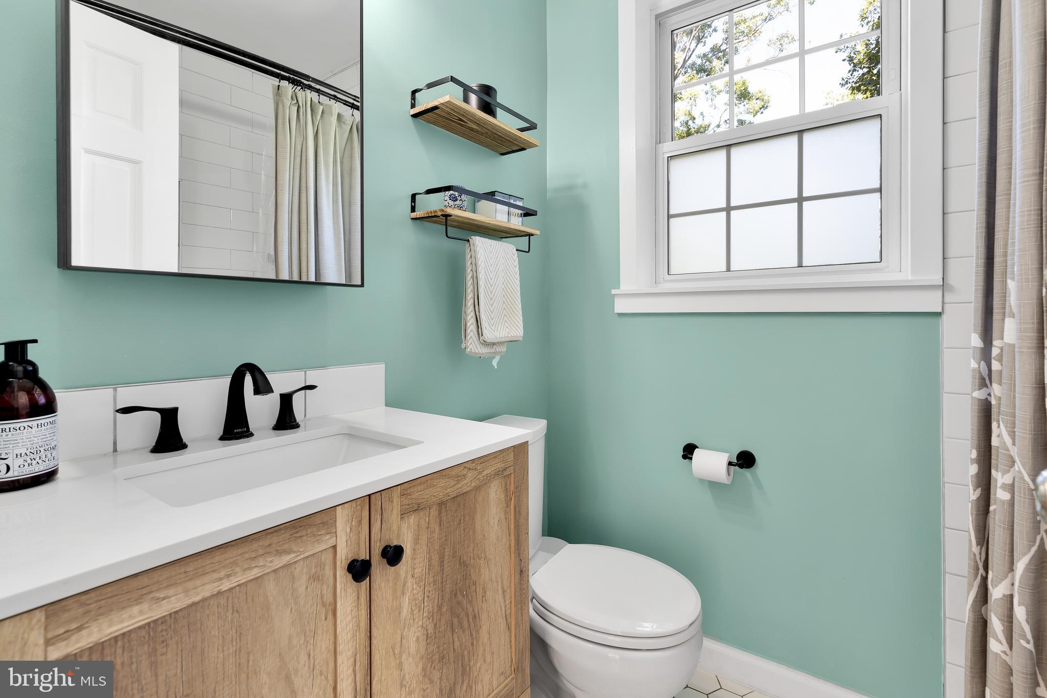 4815 27th Road South Arlington, VA 22206 - Photo 17 of 26 a bathroom with a granite countertop sink a toilet and mirror