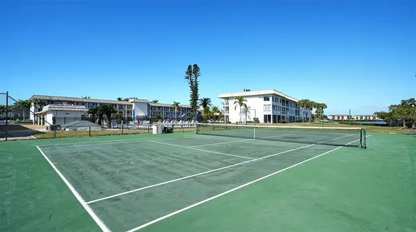 a view of a tennis ground with large trees