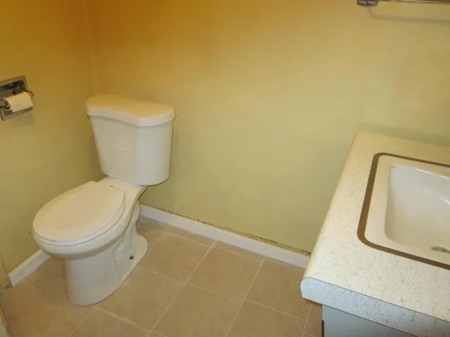 a white toilet sitting next to a white sink and vanity