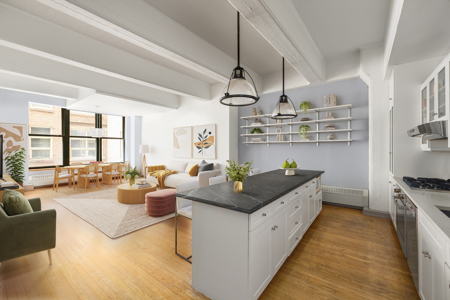30 Main Street, Unit 3F Brooklyn, NY 11201 - Photo 1 of 12 a living room with stainless steel appliances granite countertop furniture and a wooden floor