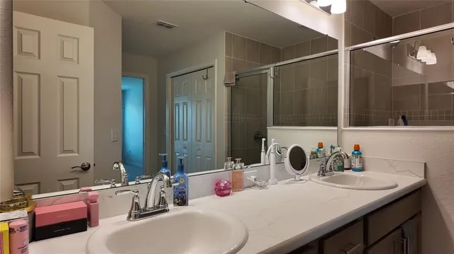 a bathroom with a sink and a mirror