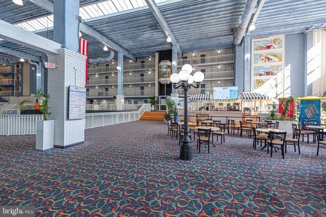 an outdoor space with seating