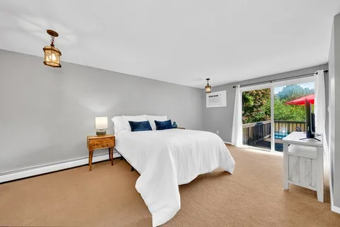 a spacious bedroom with a bed and large windows