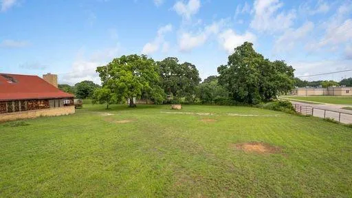a view of a lush green forest with large trees