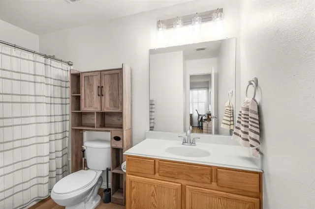 a bathroom with a sink toilet vanity and shower