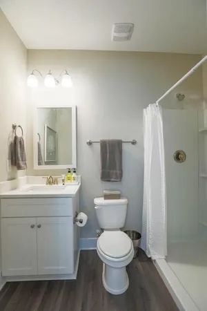 a bathroom with a toilet a sink and shower