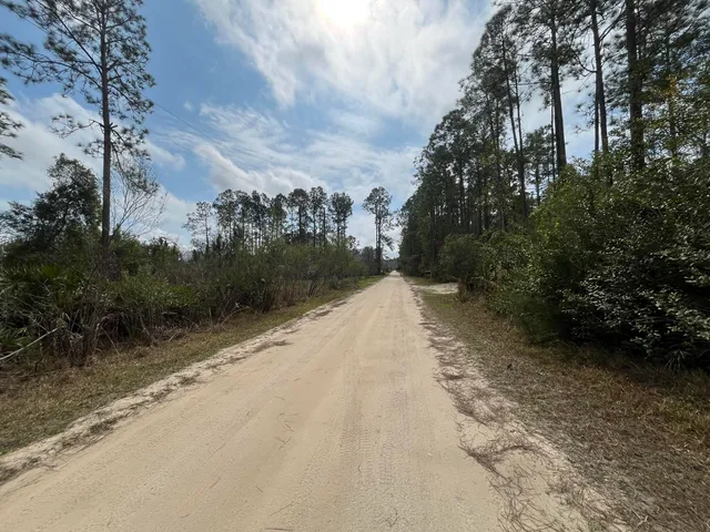 a view of a road with trees in the background