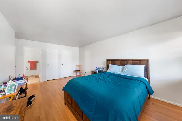 a bed room with a bed and a closet