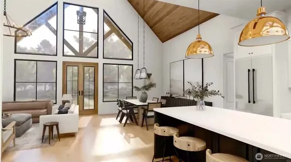 a room with furniture and a large window