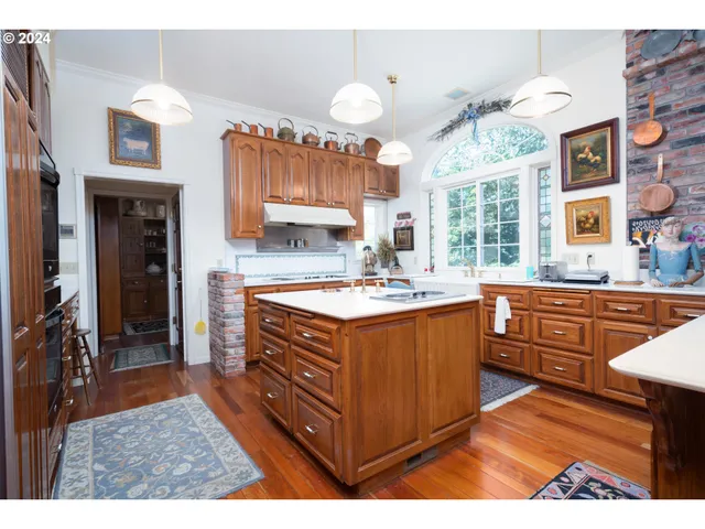 a kitchen with stainless steel appliances kitchen island granite countertop a sink and cabinets