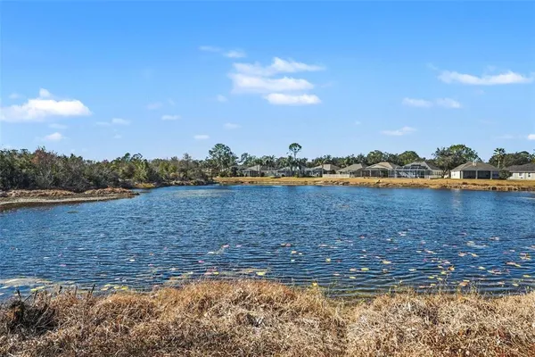 a view of a lake with houses in the back