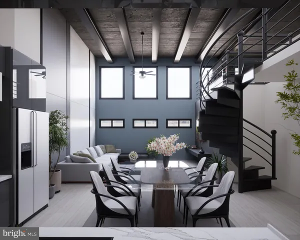 a dining room with furniture and window