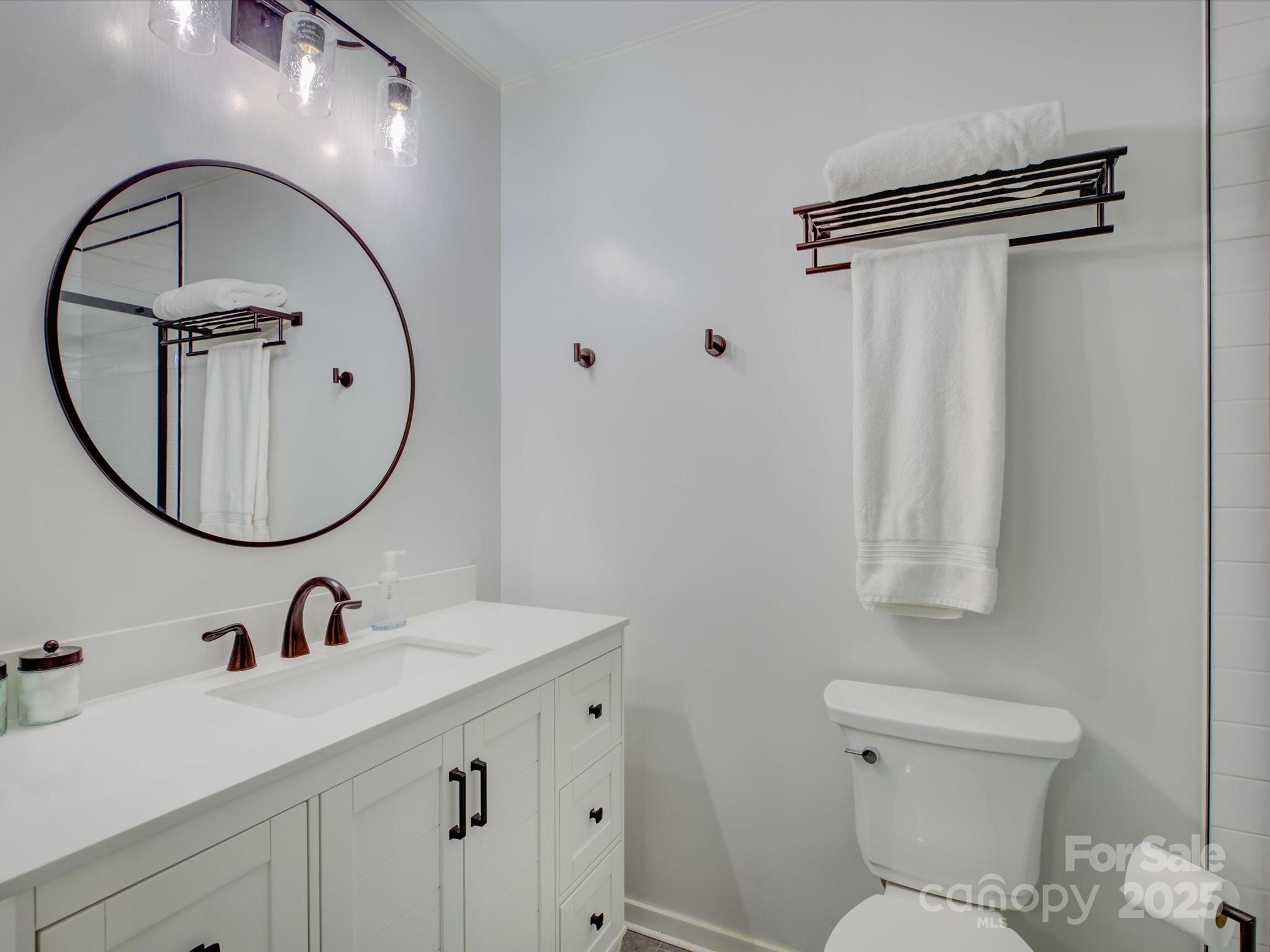 228 Ridge Drive Harrisburg, NC 28075 - Photo 16 of 27 a bathroom with a sink a mirror a toilet and a shower