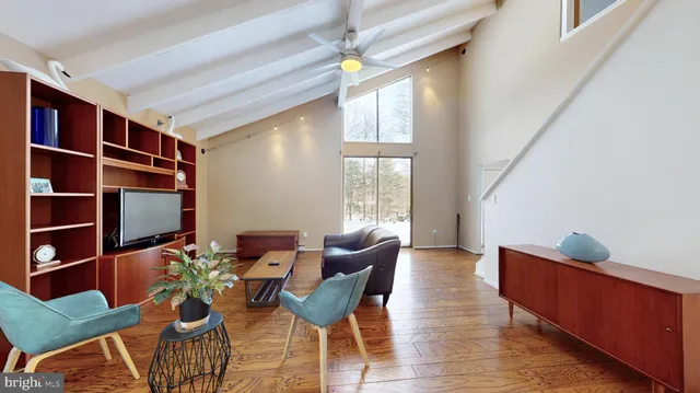 a living room with furniture a rug potted plant and a window