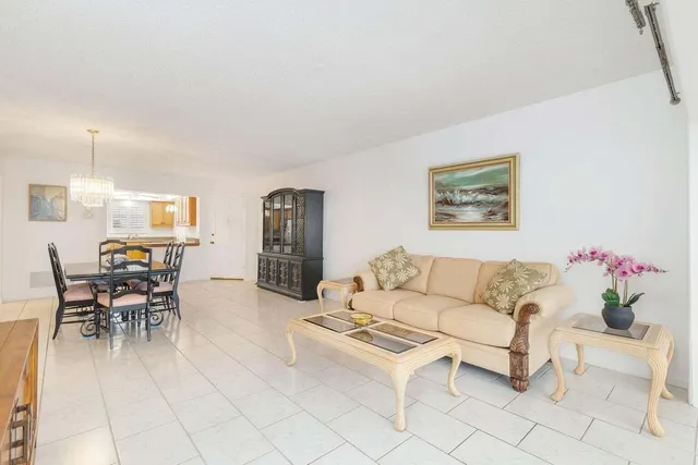 a living room with furniture a dining table and a potted plant