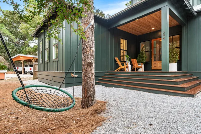 a view of a bench in the porch