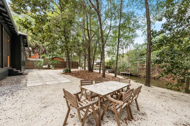 a view of a patio with a table and chairs