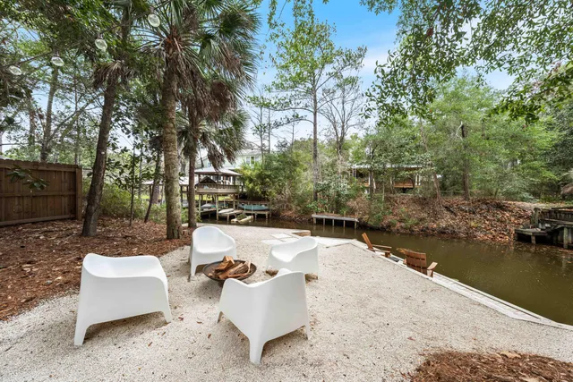 a view of a backyard with swimming pool and furniture