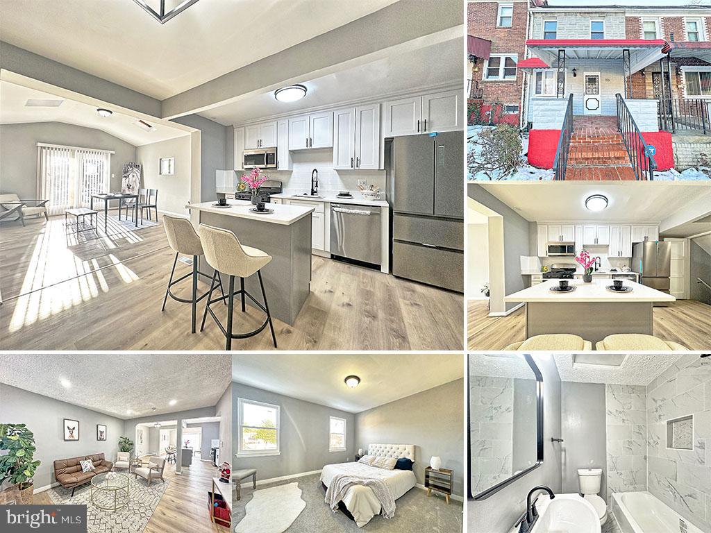 a kitchen with stainless steel appliances granite countertop a sink refrigerator and cabinets